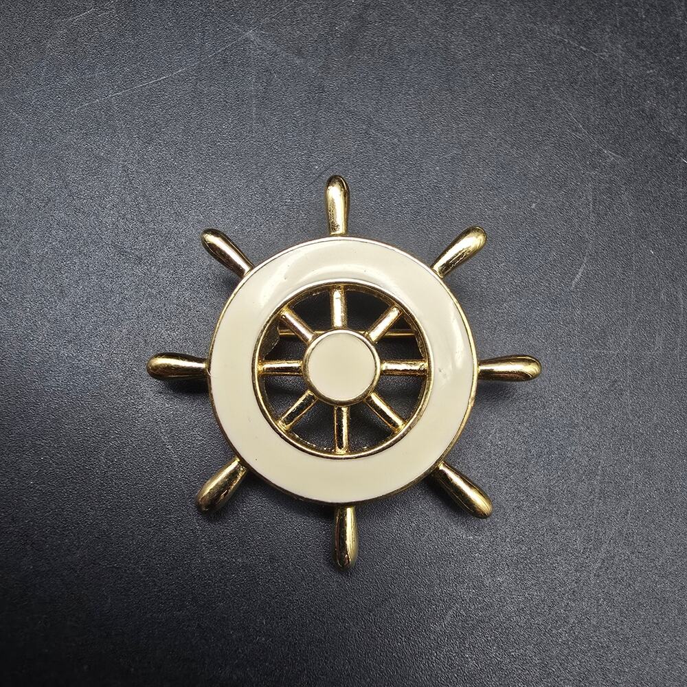 Crown Trifari Gold Tone Helm Brooch Ship Boat Steering Wheel Vintage